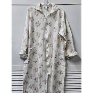 Christian Dior Robe Large Cotton Floral Cream Pink Full Length House Robe Vtg